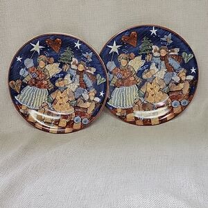 2 Folk Angel by Certified Int. Salad Plate Susan Winget Angels & Stars On Blue